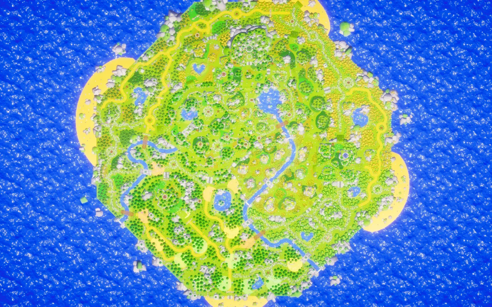 Top-down view of the Tidewild island: beaches, rivers, forests and monster camps